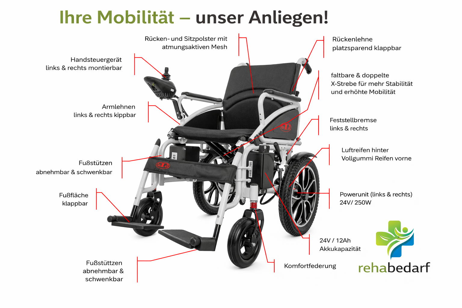 Antar AT52304 faltbarer Elektrorollstuhl mit Armlehnen und Bediensteuerung